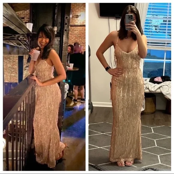 Endless Festivities Rose Gold Sequin Fringe Lace-Up Maxi Dress - Picture 13 of 15